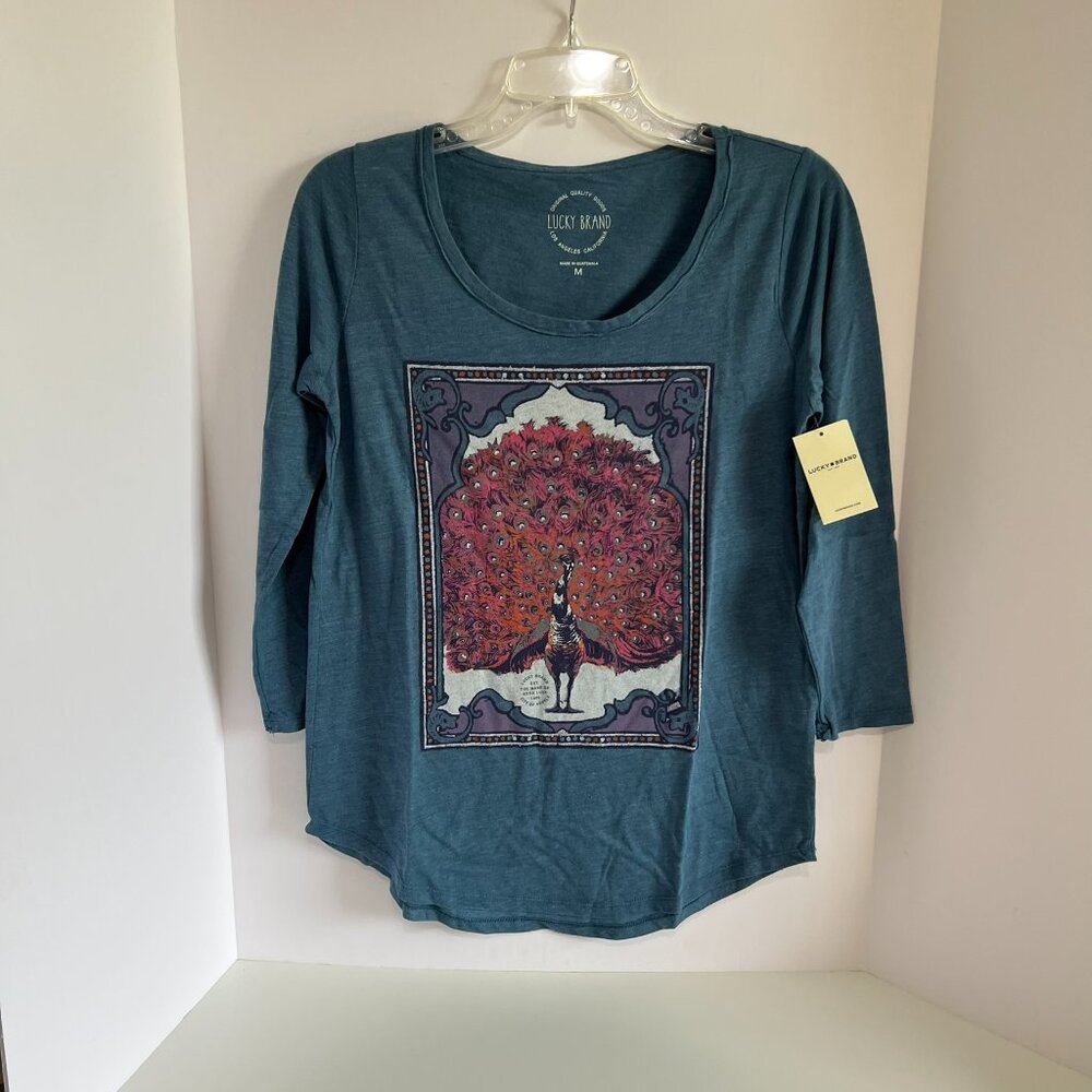 Lucky Brand Scoop Neck 3/4 Sleeve Graphic Peacock T- Shirt Heather Blue